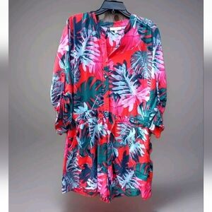 Jennifer Lopez Romper Womens Size 16 Red Tropical Print Pull on Button Closure